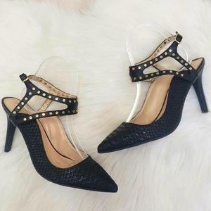 Black Pointed-Toe Pumps w/gold Embellishments